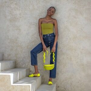 Womads Neon Green Leather Peep Toe Flats Sandals | Made in Colombia